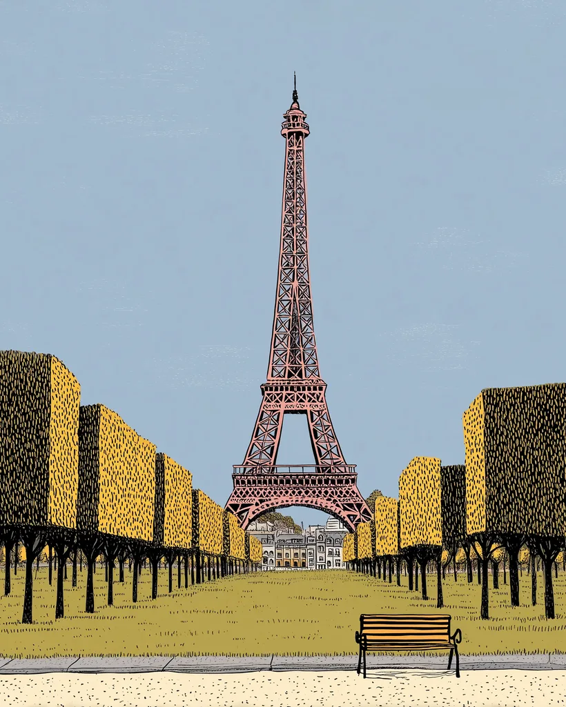 A bench facing the Eiffel Tower